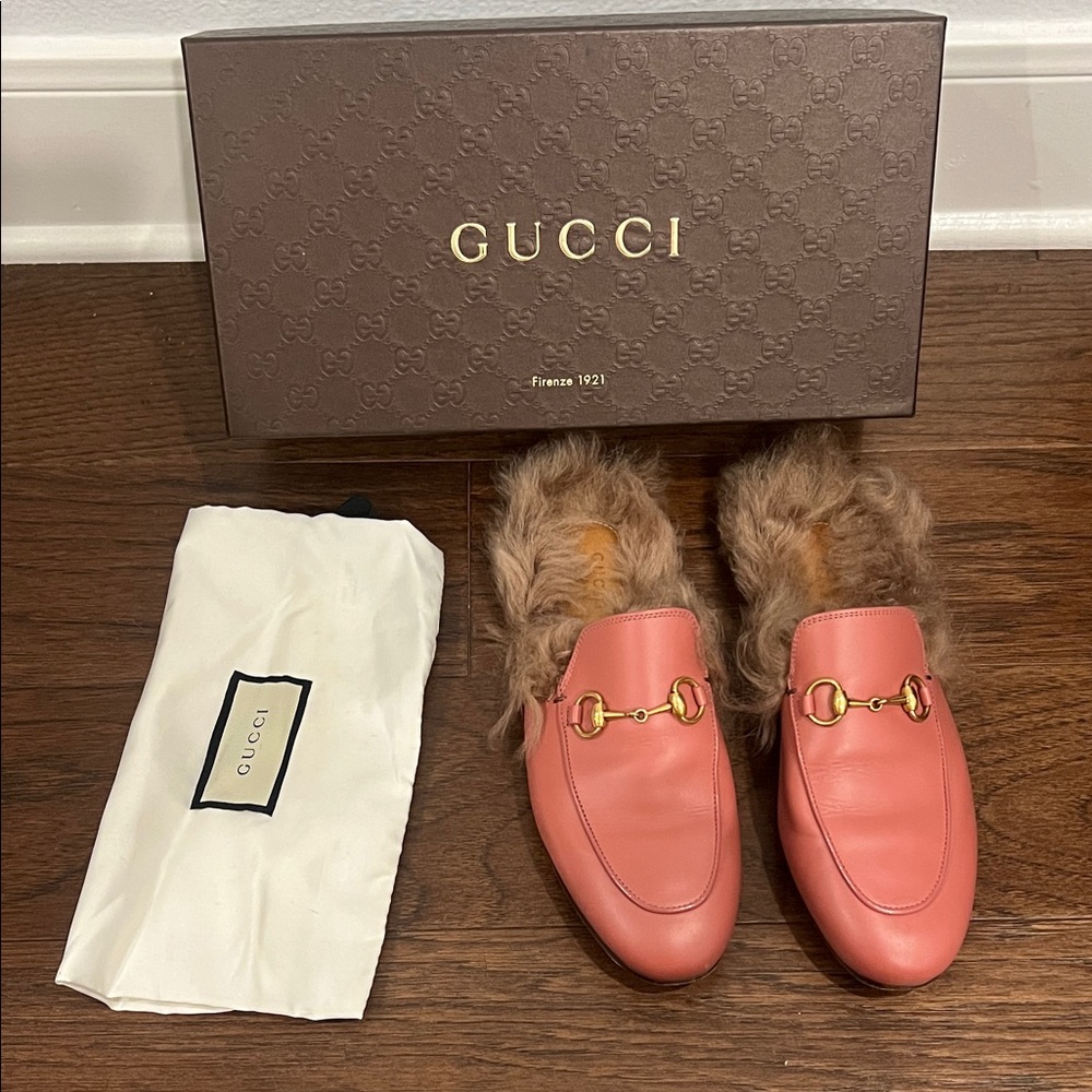 Gucci Pink Leather Horsebit Princetown Fur Flat Mules Size 36 1/2 - us size 5.5